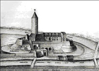 Czarno-biały rysunek. Zabudowania z okrągłą wysoką wieżą z lewej strony otoczone murem.